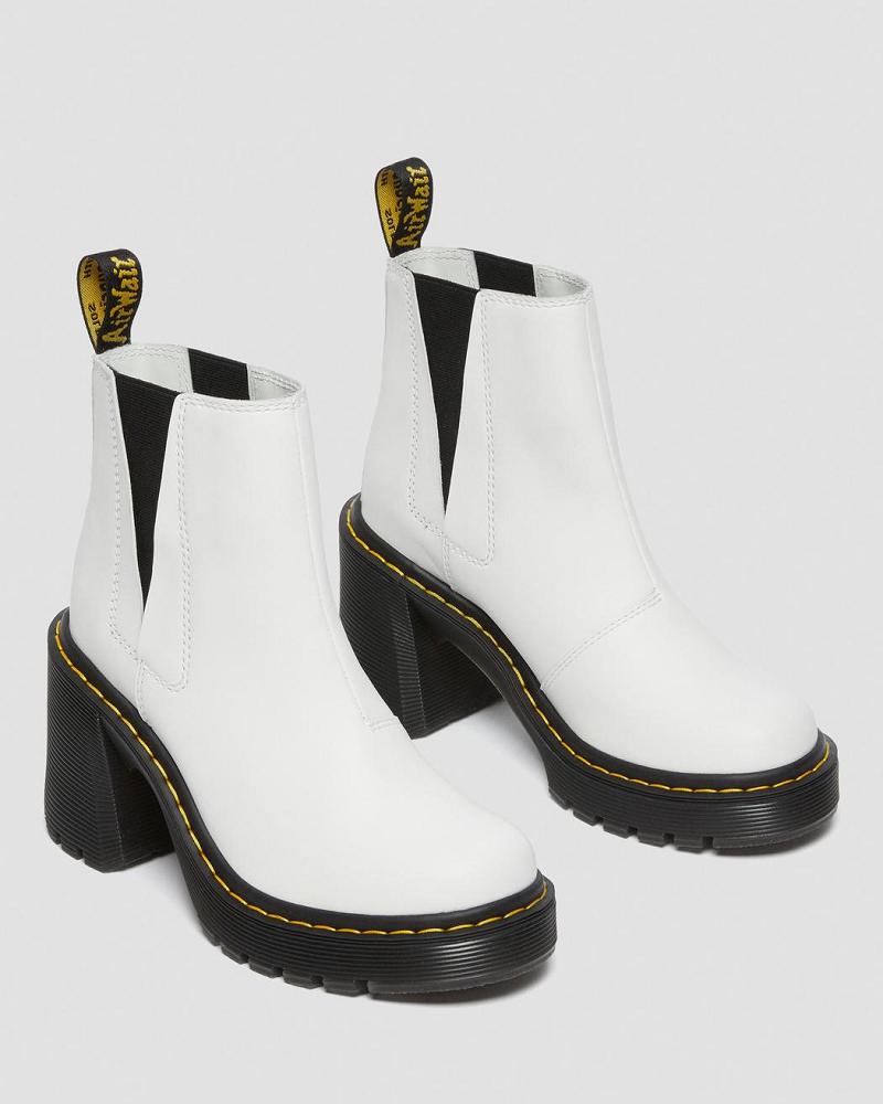 White Women's Dr Martens Spence Leather Flared Heel Chelsea Boots | CA 130DFM